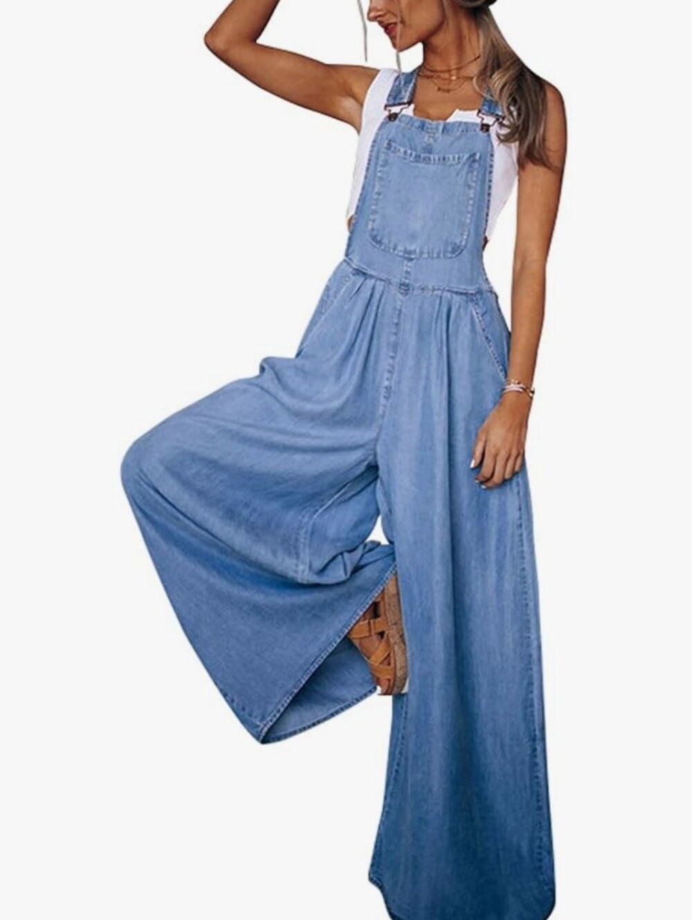 EUC Pleated Wide Leg Denim Light Weight Overalls Light Wash Jumpsuit Size Large